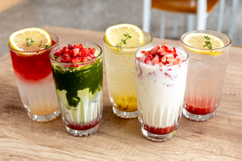 A colourful lineup of Café Eighty2’s iced drinks, matcha and lemonades